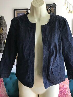 Ann Taylor LOFT size XS Short Cropped Indigo Blue Open Denim Jacket Pockets
